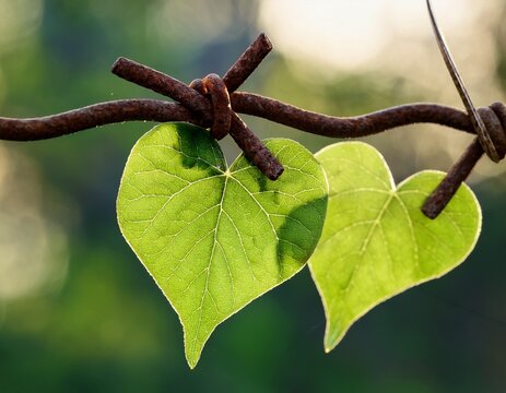close up of fresh heart shaped green leaves clinging to a twig wrapped by twisted rusty wire conveying calm resilience