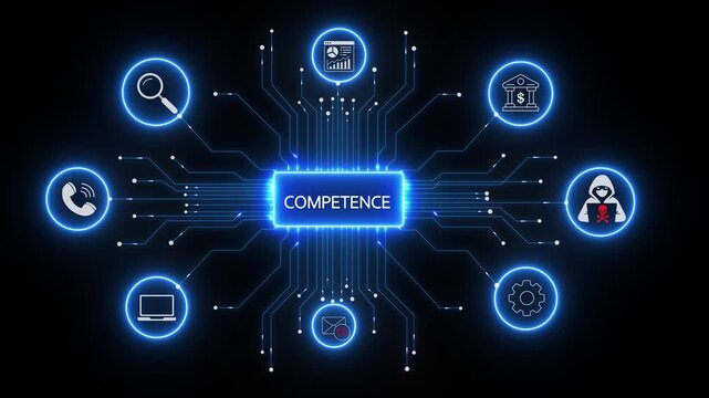 Digital competence and cybersecurity network concept with glowing hud interface and for business technology and data protection