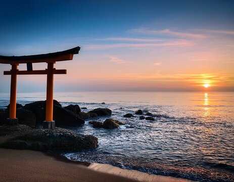 a torii gate at dawn by the ocean