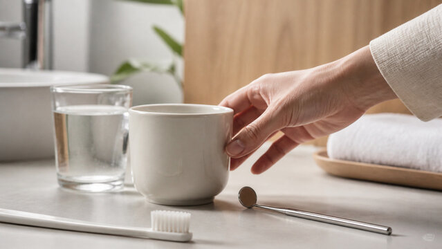 Woman hand holding white ceramic cup in modern bathroom interior. Toothbrush and glass of water on marble countertop. Morning routine and dental hygiene concept for daily health care.