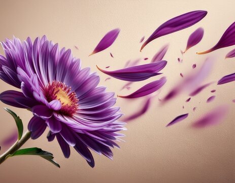 beautiful purple aster flower with falling petals on a textured beige background