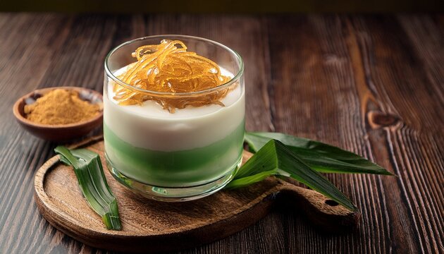 traditional indonesian cendol dessert served in a glass with coconut milk and palm sugar
