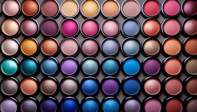 top view of colorful round cosmetic eyeshadow pots arranged in a neat grid pattern