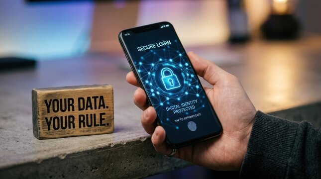 Hand holding smartphone displaying secure login with padlock graphic and biometric prompt; wooden block with Your Data Your Rule text on stone surface in modern office setting.