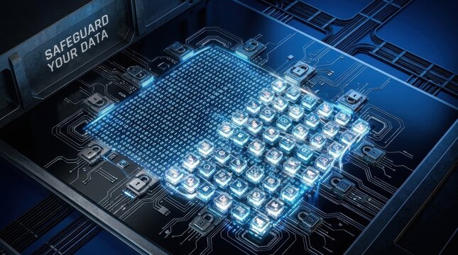 Top view of a futuristic digital circuit board with glowing blue binary code and padlock security icons, featuring the text safeguard your data on a dark metallic frame background.
