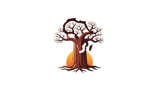 Baobab Tree with Orange Sunset and Silhouette Branches.