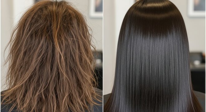 Before and after hair transformation with smooth results.