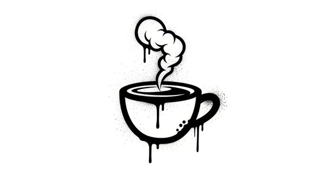 Black and white coffee cup with steam and dripping paint.