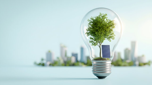 Renewable Green Energy Concept With Solar Panel And Tree Inside Light Bulb