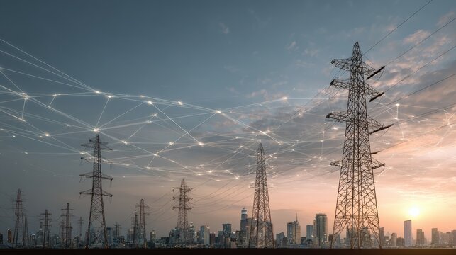 Electricity transmission towers with orange glowing wires the starry night sky. Energy infrastructure concept, energy, electricity, voltage, supply, pylon, technology