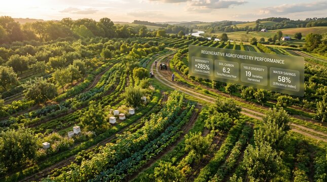 Regenerative agroforestry system is showcased from a low aerial angle with interplanted fruit trees. Sustainable investment concept