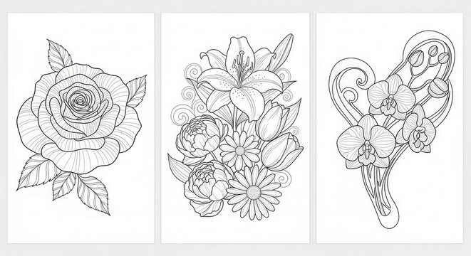 Black and white line art floral and skull illustrations.