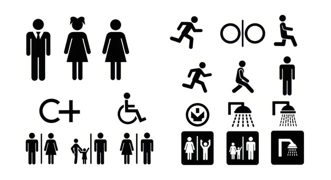 Black and white icon set for public restroom signs.