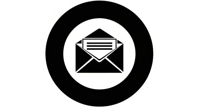 Black and white email icon in circular frame.