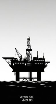 Black and white oil rig silhouette on ocean.