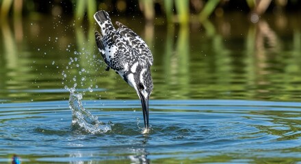 Naklejka premium Black and white wading bird hunting in shallow water.