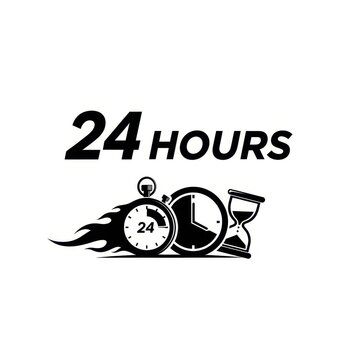 Black and white twenty four hours clock and hourglass logo.
