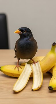 Black bird perched on peeled banana on wooden table.