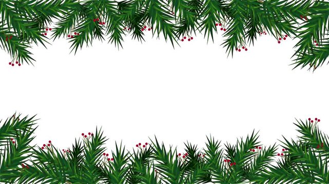 Animated Christmas pine branch border with red berries on white background