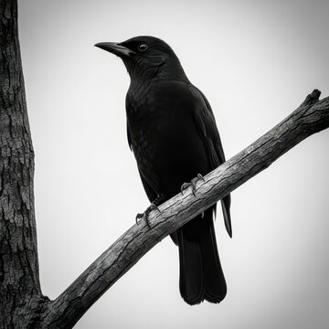 Black crow perched on a bare tree branch in monochrome.