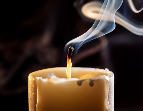 extinguished candle wick with rising smoke and melted wax drips in a sharp focus macro shot for wellness and spiritual branding