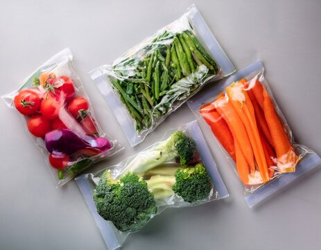 flat lay of colorful fresh vegetables individually packed in vacuum sealed plastic bags