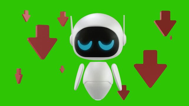 A cute white 3D robot floating on green screen, featuring fall red arrow indicators that represent depression and leveling down.
