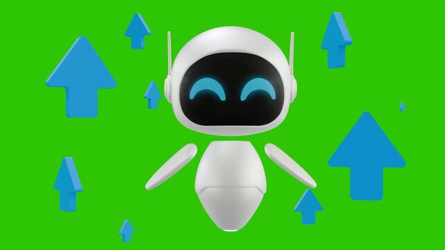 A cute white 3D robot floating on green screen, featuring rising blue arrow indicators that represent progression and leveling up.
