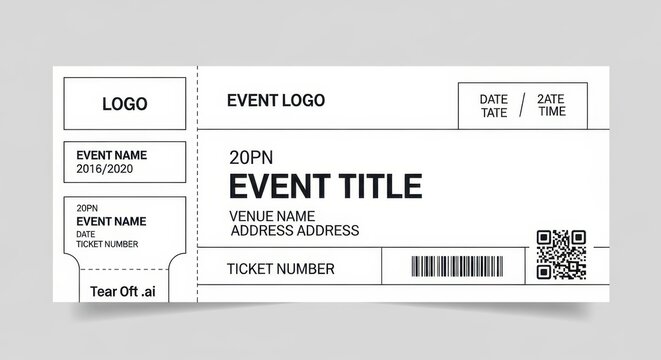 Blank event ticket template with barcode and placeholder text.