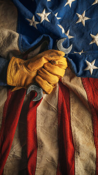 Worn work glove holding wrench on the American flag. Symbolic of hardworking blue collar workers, USA manufacturing, pride in products Made in United States of America, or to celebrate US Labor Day.