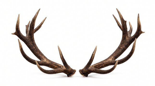 Detailed view of brown deer antlers isolated on white background with natural texture with displays pair textured isolated against stark wilderness