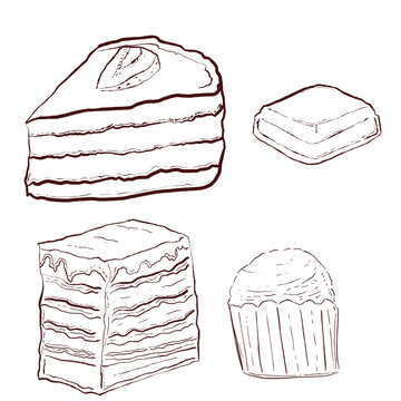 Dark brown line art sketch illustration of various dessert pastries such as strawberry slice cake, muffin, cupcake, and layered cake