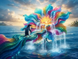 Fototapeta premium A Surreal Illustration of a Penguin Walking on a Vibrant Rainbow Path Leading to a Glowing Magical Floral Waterfall in the Ocean
