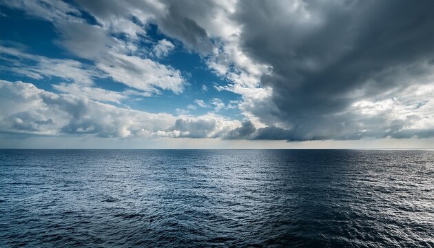 a wide open sky filled with thick rolling clouds creating a moody and dramatic scene over the ocean