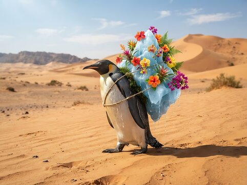 Surreal emperor penguin carrying a melting iceberg block covered with colorful tropical flowers through the vast hot arid sandy desert landscape