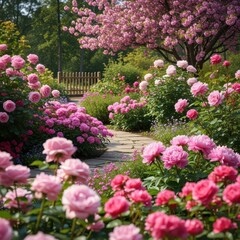 Obraz premium Blooming Garden Path with Pink Roses and Cherry Blossoms.