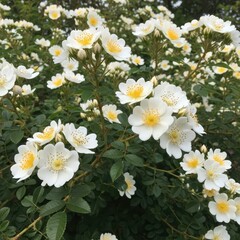 Obraz premium Blooming White Roses with Yellow Centers in Garden.