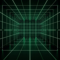 Obraz premium Abstract geometric grid room with neon green light lines creating perspective and futuristic ambiance for digital concepts