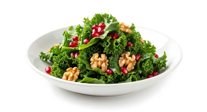 Fresh green salad with walnuts and pomegranate seeds in a white bowl.