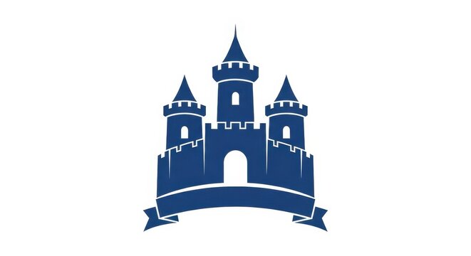 Blue Castle Icon with Banner and Towers.