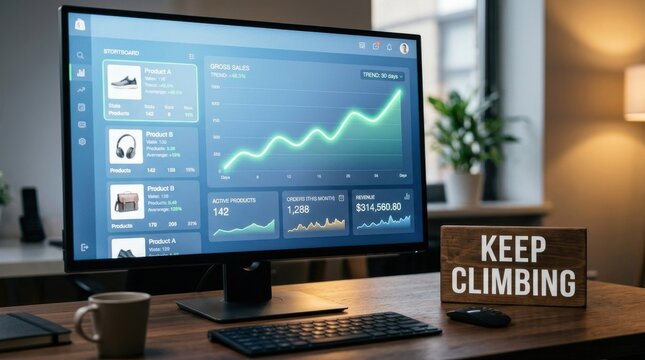 Professional desktop monitor displaying e-commerce dashboard with gross sales growth chart, revenue metrics, and product analytics on a wooden desk with a motivational sign.