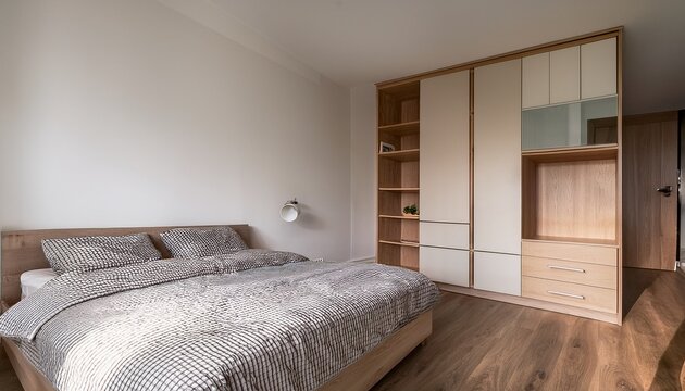 minimalist bedroom with modular wardrobe and drawers