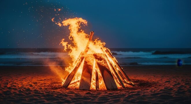 Bonfire burning brightly on a sandy beach at night.