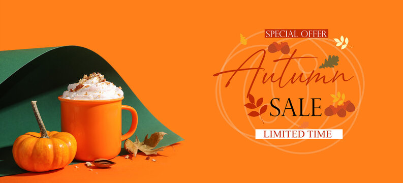 Autumn sale banner with pumpkin spice latte, mini pumpkin, and fall leaves on an orange background
