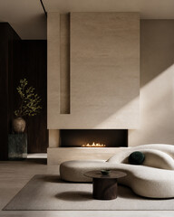 Fototapeta premium Modern minimalist living room interior with cozy beige sofa, fireplace, and large stone wall panel. Elegant architectural design concept for luxury home decor and warm space.