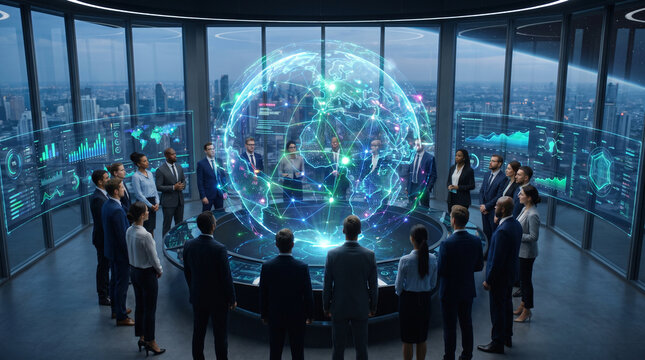 Global Business Meeting with Futuristic Technology Display
