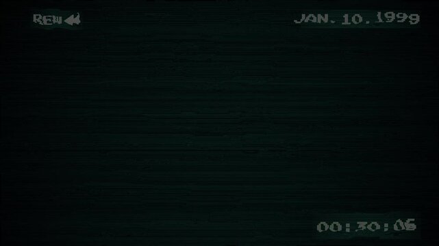 Rewind  REW Analog TV Old VHS Display on black background On-Screen Display (OSD) - Vintage UI elements including rewind icon, date, and timecode. 4k video