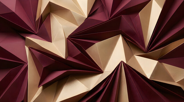 Abstract origami paper background with geometric folded burgundy and beige triangular shapes