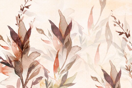 Autumn floral watercolor background in brown with leaf illustration