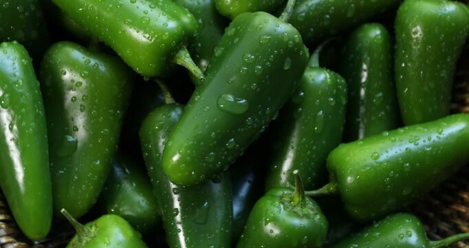 Fresh jalapeno peppers in wicker basket, rotating